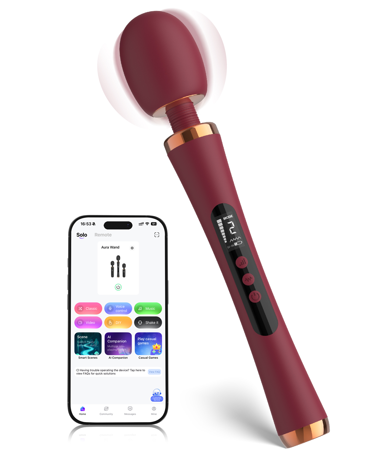 Burgundy UXIJOV App-Controlled Wand shown in full beside its mobile app